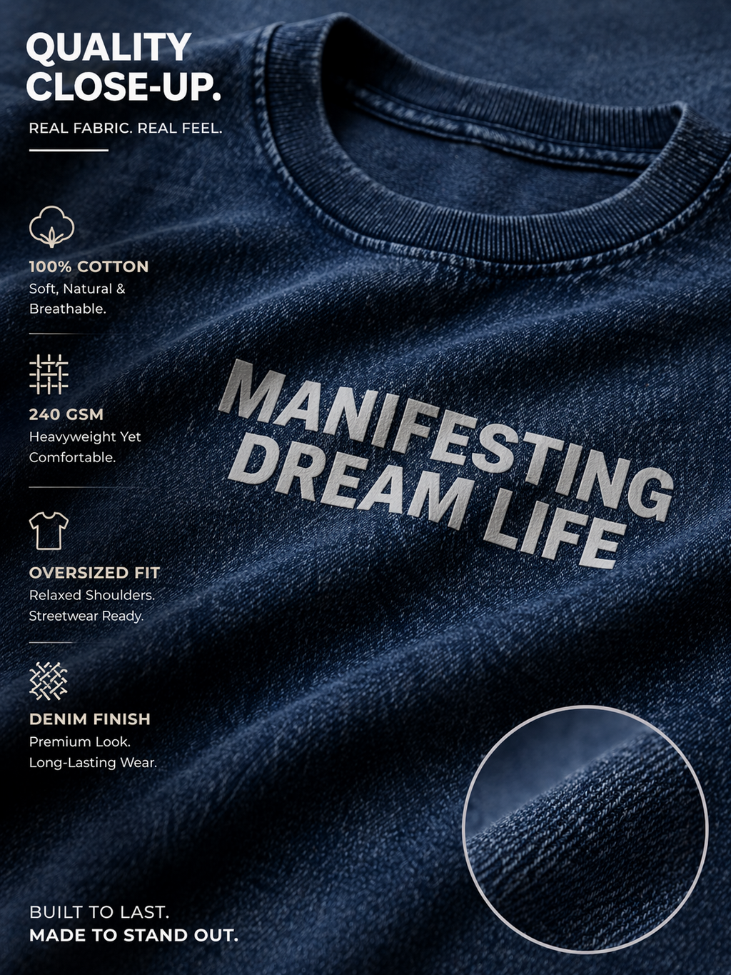 Manifesting Dream Life Denim Oversized T-Shirt – 240 GSM Premium Cotton