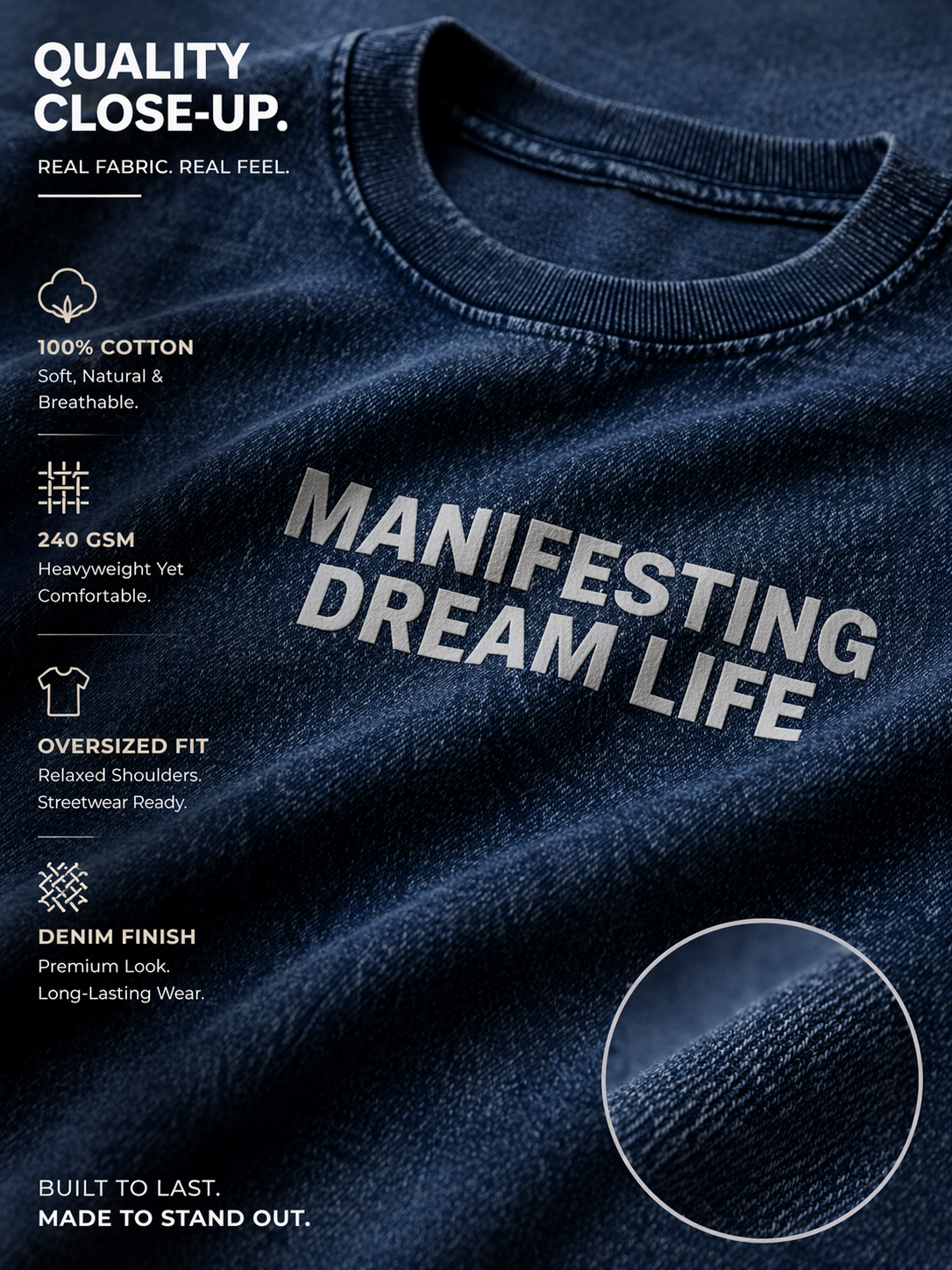 Manifesting Dream Life Denim Oversized T-Shirt – 240 GSM Premium Cotton