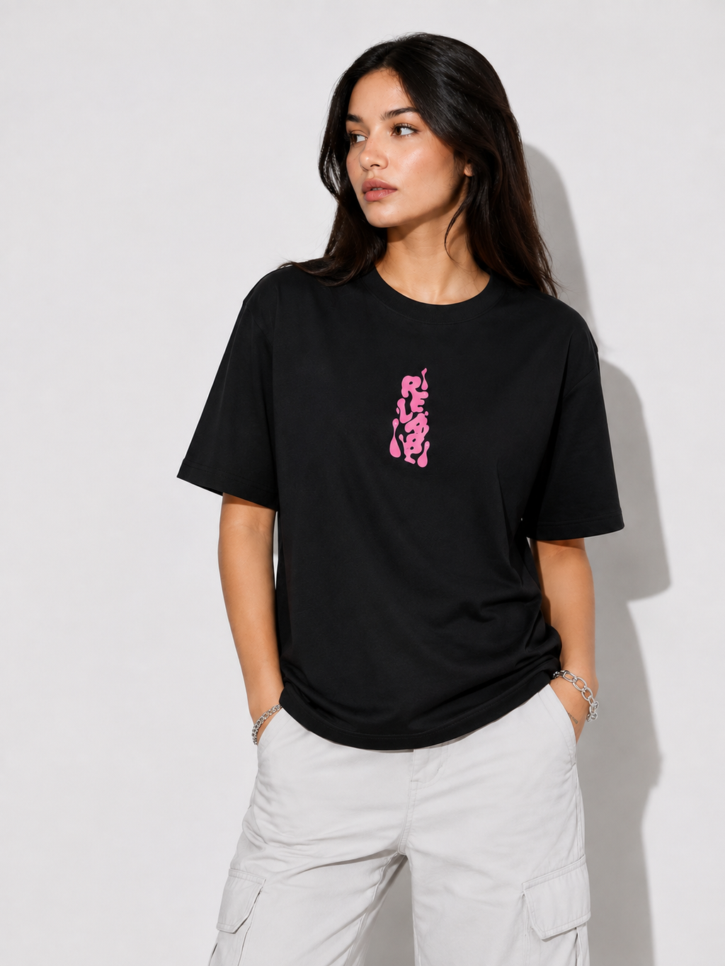 Black Graphic T-Shirt – Pink Abstract Print | 100% Cotton Unisex Regular Fit