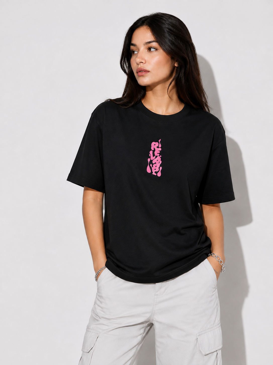Black Graphic T-Shirt – Pink Abstract Print | 100% Cotton Unisex Regular Fit