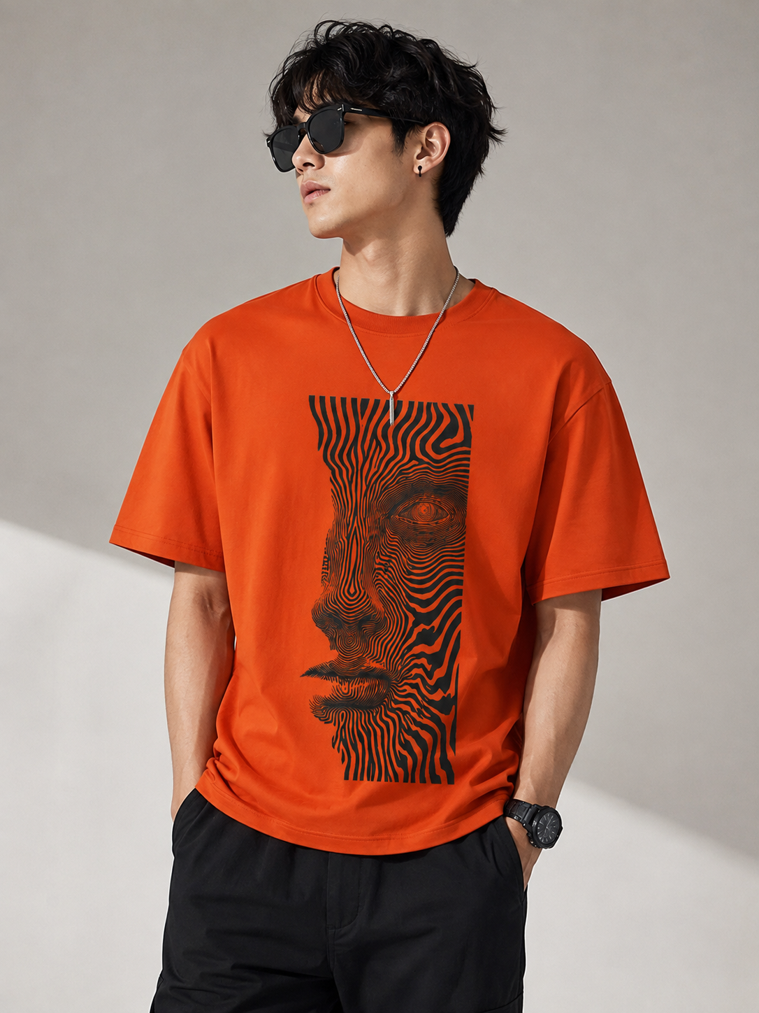 Men’s Orange Graphic T-Shirt – Abstract Face Print | 100% Cotton Regular Fit