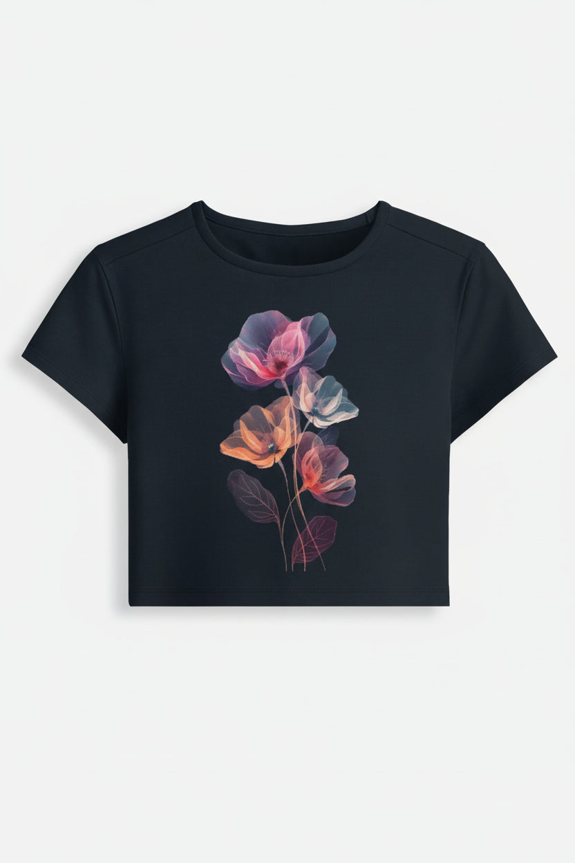 Midnight Bloom Stretch Crop Tee – 240 GSM Cotton Spandex Baby Fit